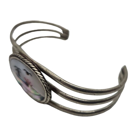 Vintage Abalone Shell Beach Scene Bracelet Palm tree Ocean Seagull Bird - Picture 5 of 12